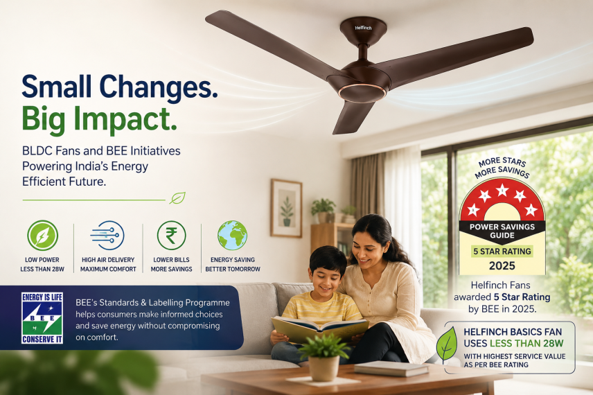 BLDC fans, BLDC fan India, BEE 5 star fan, BEE star rating ceiling fan, energy saving ceiling fan, low wattage fan, 28W BLDC fan, Helfinch fan, Helfinch Basics fan, service value fan, energy efficient appliances India, Bureau of Energy Efficiency, BEE initiatives India, energy conservation India, 5 star rated ceiling fan, best BLDC ceiling fan India